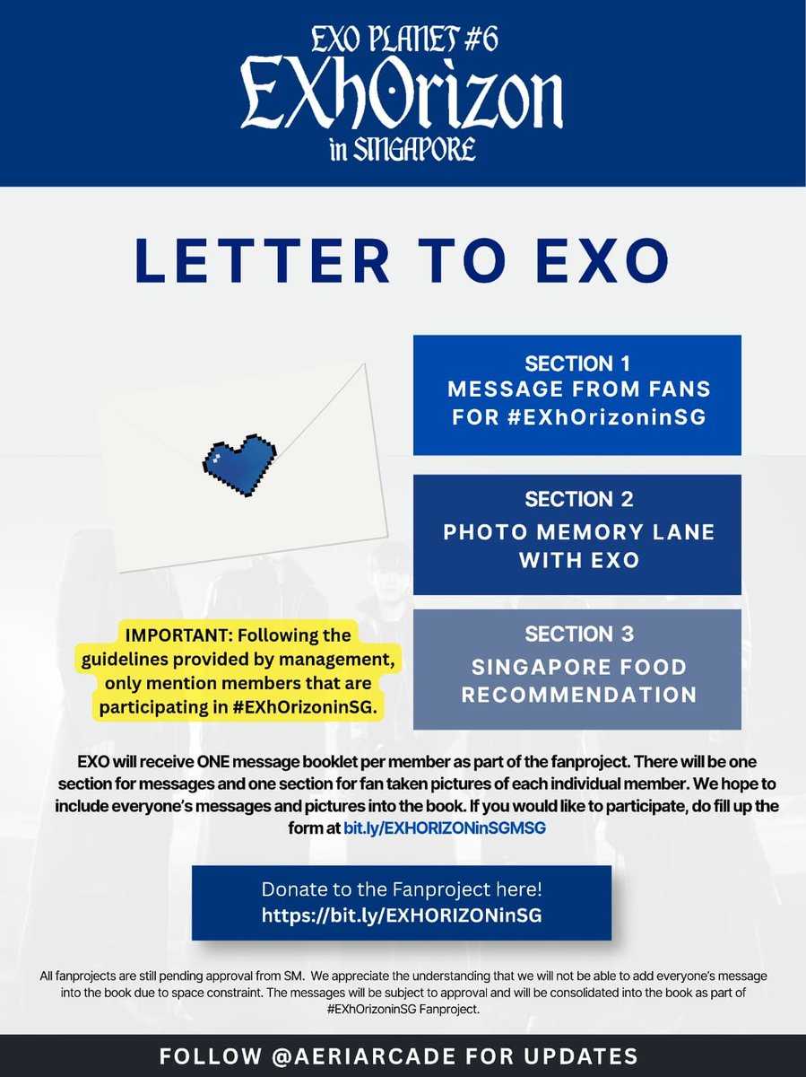 aeriarcade's tweet photo. ♛𝟐𝟎𝟐𝟔 𝐄𝐗𝐡𝐎𝐫𝐢𝐳𝐨𝐧 𝐢𝐧 𝐒𝐈𝐍𝐆𝐀𝐏𝐎𝐑𝐄 ♛

We're starting fan letter collection tonight! 💌
Project Status: PENDING FOR APPROVAL

Submit your messages here!
https://t.co/OsWDhLfZsy

Closing on 10th July 2026 11:59PM SGT

#EXOPLANET_EXhOrizon #EXhOrizon_SG #EXOinSG https://t.co/yBT3SvcmPh