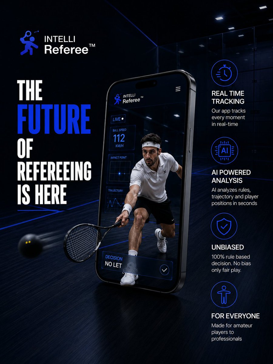 digimithril's tweet photo. What does it take to be a great squash referee?

Years of training. Sharp eyesight. Perfect positioning. Superhuman reaction times
We built an AI that has all of those and fits in your pocket
Join Waitlist: https://t.co/7KbZiUBCpl

#IntelliReferee #Squash #ArtificialIntelligence https://t.co/FtjprCFOmA