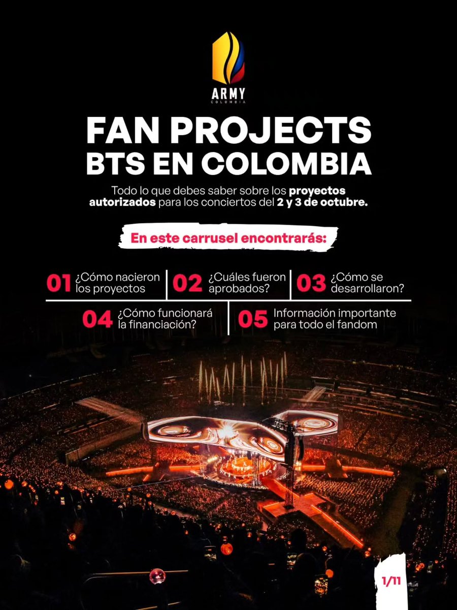 ARMYBogotaCol's tweet photo. 🧵 | Después del Live, reunimos toda la información sobre la ejecución y la logística de los Fan Projects para los conciertos de BTS en Colombia.

En esta primera parte encontrarás:
• Cómo nacieron los Fan Projects.
• Cómo fue su proceso de revisión.
• Qué proyectos se desarrollarán.
• Cómo se realizará cada uno durante los conciertos.