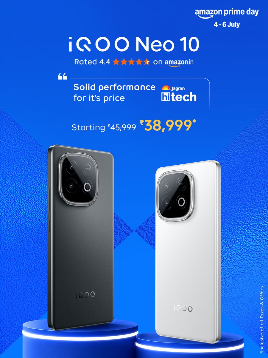 IqooInd's tweet photo. Prime Day understood the assignment.⚡ 

The iQOO Neo 10 is turning heads and now it's available at an even more exciting price during Amazon Prime Day.

Starting at ₹38,999* from 4th–6th July.

Don't miss your chance to level up.

*inclusive of taxes and offers

#AmazonPrimeDay #iQOONeo10 #iQOO #Snapdragon #Performance 

[ Smartphones, iQOO Neo 10, Amazon Prime Day, Gaming, Performance, Snapdragon ]