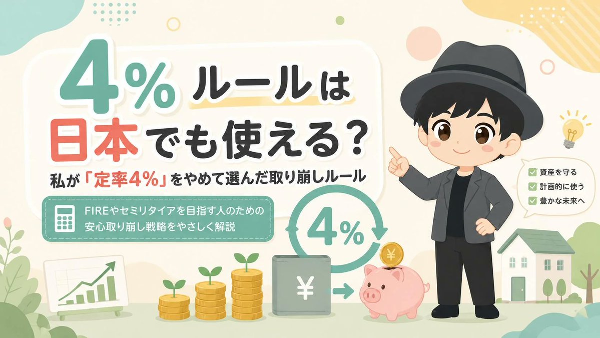 hema3fire's tweet photo. 『資産の4%を毎年取り崩せば一生大丈夫』

FIREでよく聞く4%ルール、
実はアメリカの研究が前提なんです。

税金・為替・債券・年金…
日本の自分に当てはめるとズレが出ます

私は定率4%をやめ、
4資産を25%ずつ持って
『上限を超えた分だけ取り崩す』
やり方にしています🐢✨ https://t.co/V6tMu7dj3r