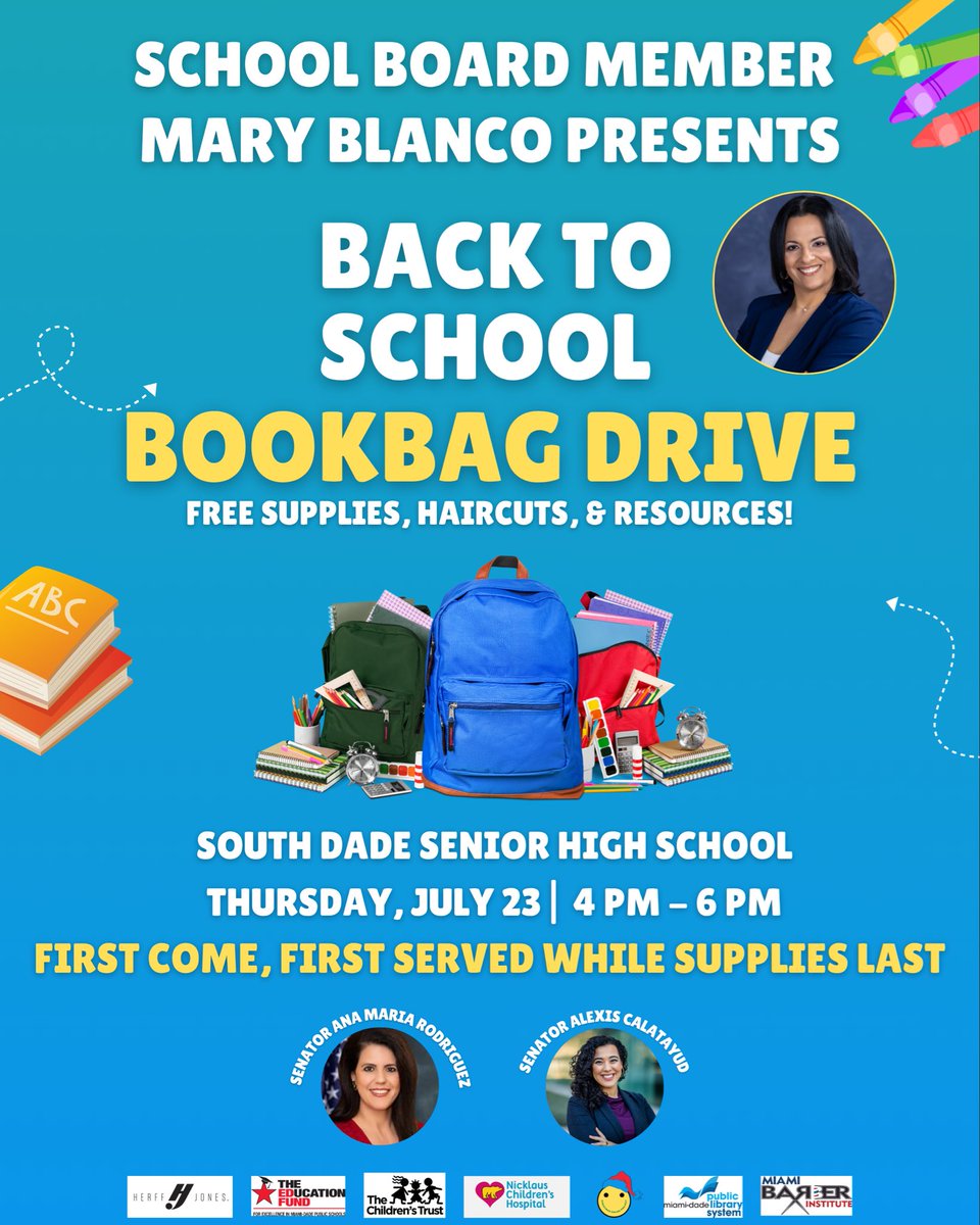sdmpanthers's tweet photo. School Board Member Mary Blanco is pleased to invite students from our community to her upcoming Back-to-School Bookbag Drive. Supplies will be distributed on a first-come, first-served basis while supplies last. @MaryBlancoFL https://t.co/pinM9QV4KF
