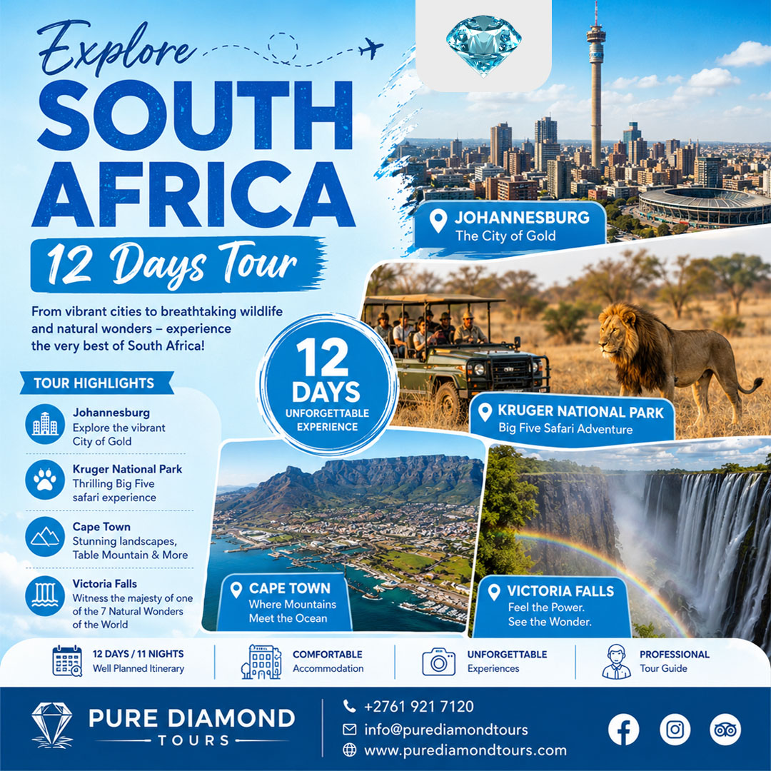 PDiamondTours's tweet photo. Explore South Africa in 12 Days! 📷📷 Experience Cape Town, thrilling Big Five safaris in Kruger National Park, the breathtaking Victoria Falls, and vibrant Johannesburg. Adventure, wildlife, and unforgettable memories await!
#AfricanSafari #LuxuryTravel #TravelAfrica https://t.co/NALGIpEE1l