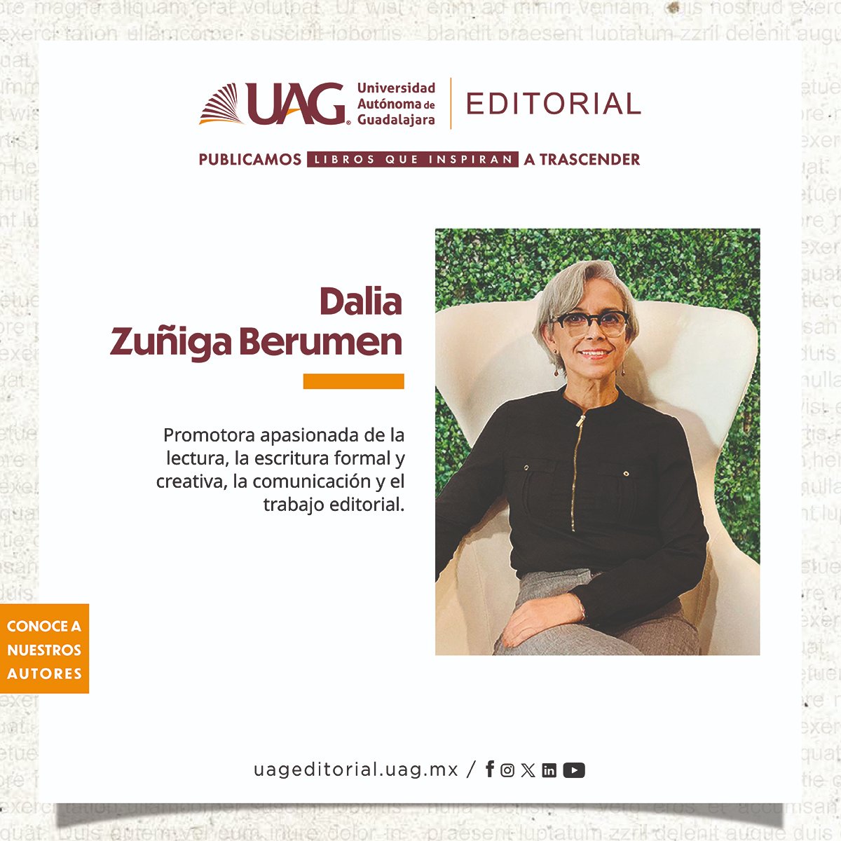 UAGEditorial's tweet photo. ✅ Conoce a nuestros autores.
Lee más, aquí 👇:
https://t.co/hRuc0UHkZN
#autores #DaliaZúñigaBerumen #promocióndelalectura #LibretaDeEntrenamientoParaLectores #UAG #UAGEditorial #editorialuniversitaria #librosparatrascender #librosqueinspiran https://t.co/yrLyhrSjeA