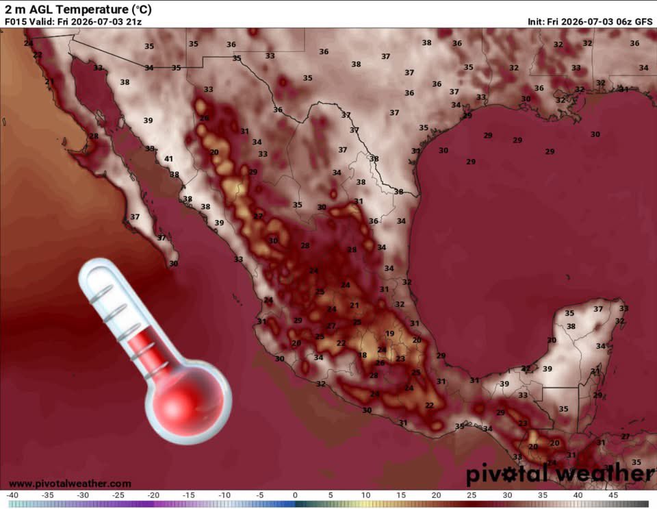InfoMeteoro's tweet photo. ✅PRONÓSTICO VIERNES 3/JUL/2026 

“Precipitaciones dispersas, regulando temperaturas en la franja centro-occidental; el calor veraniego continúa…”

⛈️LLUVIAS Y TORMENTAS C/GRANIZO

🔴LAS MÁS INTENSAS🔴
-Hgo, Qro, EdoMex, CDMX, Gto, Gro, Mich, Jal, sierras de Chih, Sin, Dgo, Nay

🟡EVENTOS AISLADOS FUERTES
-Chih, Sin, Dgo, Coah, NL, Tamps, Zac, Ags, SLP, Col, Mor, Ver, Oax, Tab, Chis, Camp, Yuc, QRoo

🌡️AMBIENTE DIURNO☀️
🔥41-45ºC BC, BCS, Son, Sin, Coah, NL, Tamps, Nay, Mich, Gro, Yuc, Tab, Camp
🥵36-40ºC noroeste, norte, noreste, oriente, sureste 
🥵27-35ºC Pacífico sur, occidente, centro
😅15-26ºC todo el Altiplano centro

⚠️🌬️RÁFAGAS DE VIENTO km/h
35-60 estados del norte, centro, sureste, siendo mayores en zonas de tormenta