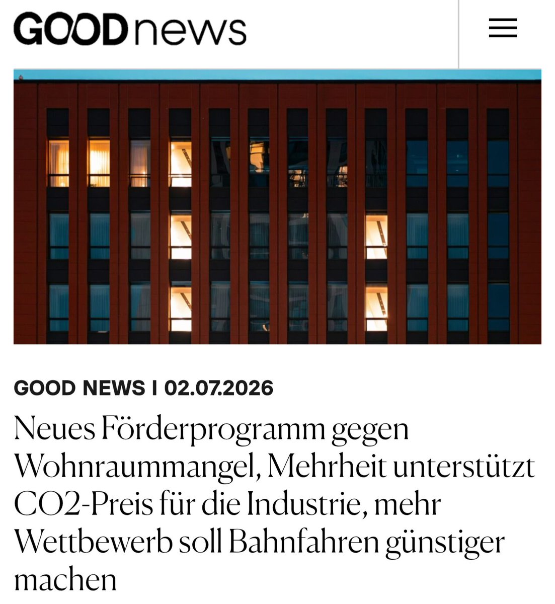 mental_IDP's tweet photo. Ich bin gerade auf 'GoodNews' gelandet.
𝘋𝘪𝘦 𝘵ä𝘨𝘭𝘪𝘤𝘩𝘦 𝘋𝘰𝘴𝘪𝘴 𝘖𝘱𝘵𝘪𝘮𝘪𝘴𝘮𝘶𝘴.
Und dann steht da:
'Mehrheit unterstützt CO2 Preis für die Industrie'. https://t.co/l6Xz9OwZqA