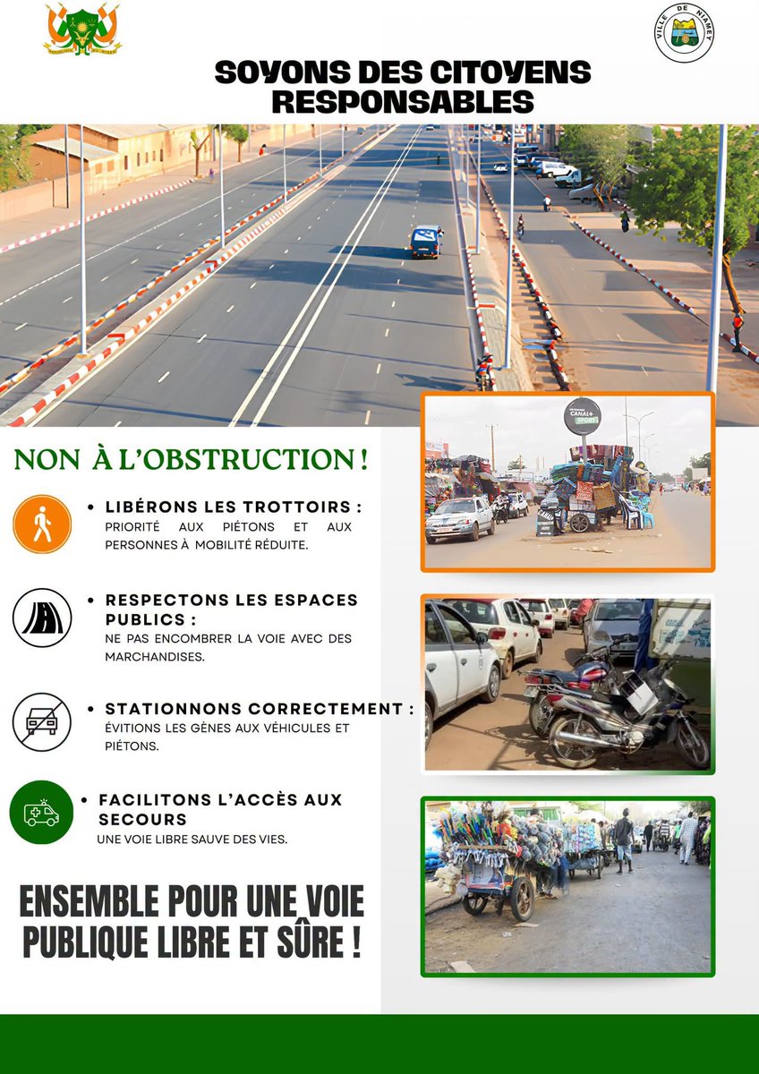 NigerAr's tweet photo. L'occupation anarchique des trottoirs et des emprises de la voie publique compromet la circulation, met en danger les piétons, entrave les interventions des services de secours et dégrade notre cadre de vie.

La Ville de Niamey invite l'ensemble des citoyens, commerçants, usagers de la route et occupants du domaine public à respecter les espaces publics, à libérer les trottoirs, à stationner correctement et à éviter toute obstruction de la voie publique.

Ensemble, adoptons des comportements responsables pour une capitale plus fluide, plus sûre et plus agréable à vivre.