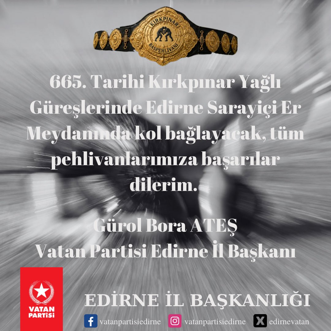 EdirneVatan's tweet photo. 665. Tarihi Kırkpınar Yağlı Güreşlerinde Edirne Sarayiçi Er Meydanında kol bağlayacak, tüm pehlivanlarımıza başarılar dileriz. https://t.co/CjutxxqP0h
