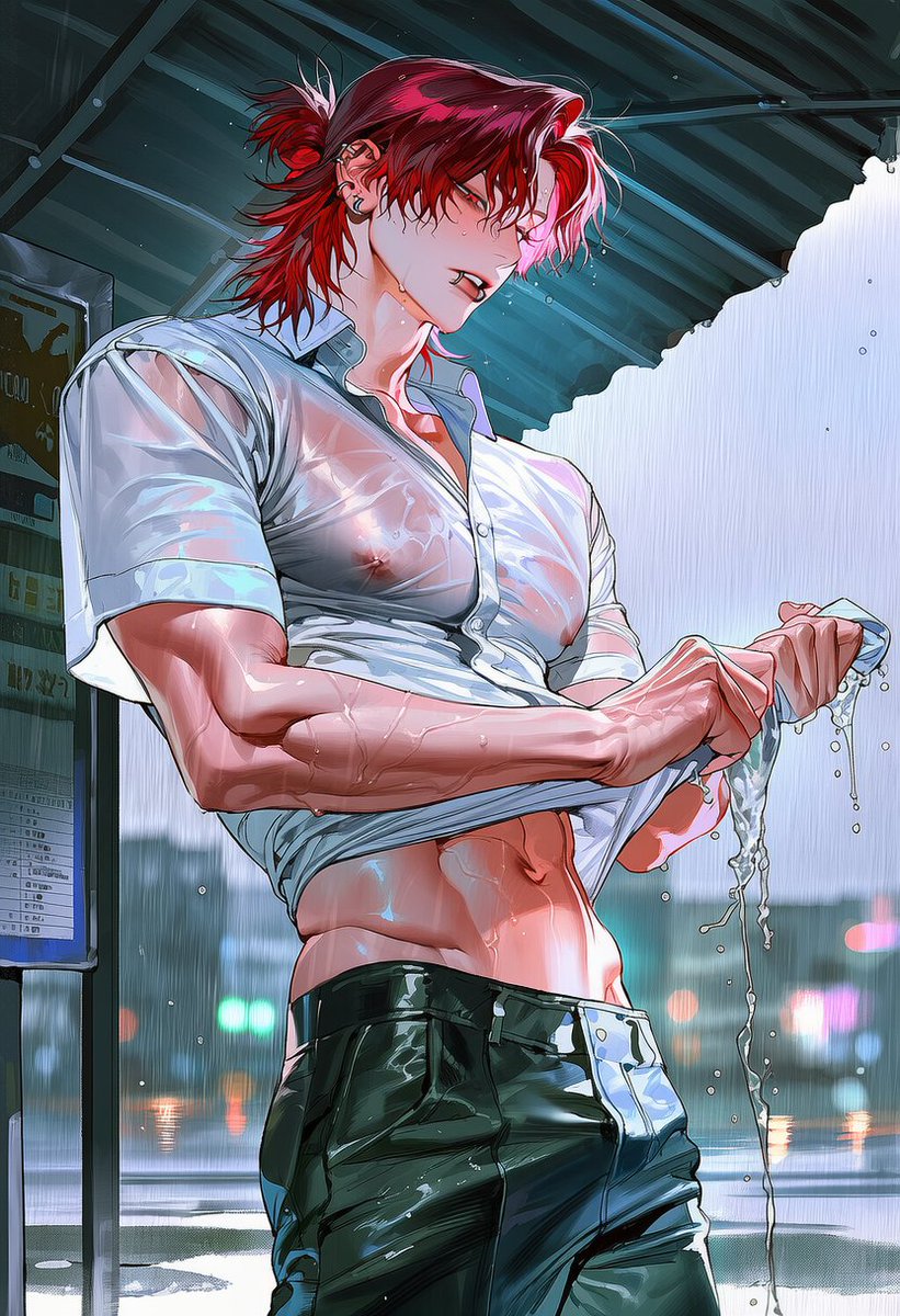 DDYu_22's tweet photo. [🌨비 오는 날 버스 정류장] 프롬 공유
자작 발언만 아니면 수정 자유~

standing under bus stop shelter, wringing out wet dress shirt with both hands, water dripping, shirt hem lifted, exposed midriff, visible abs, slight six-pack, wet hair, loose strands, soaked male school uniform, https://t.co/4cr72J7AWz