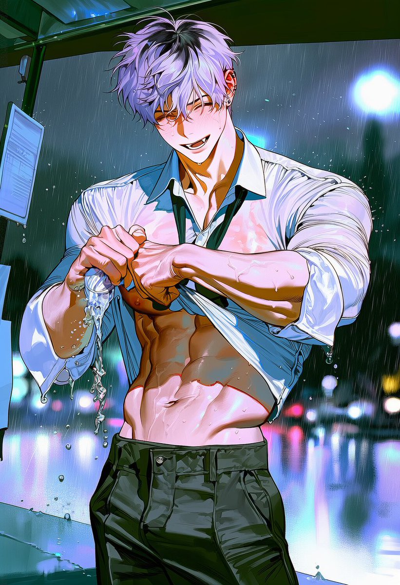 DDYu_22's tweet photo. [🌨비 오는 날 버스 정류장] 프롬 공유
자작 발언만 아니면 수정 자유~

standing under bus stop shelter, wringing out wet dress shirt with both hands, water dripping, shirt hem lifted, exposed midriff, visible abs, slight six-pack, wet hair, loose strands, soaked male school uniform, https://t.co/4cr72J7AWz