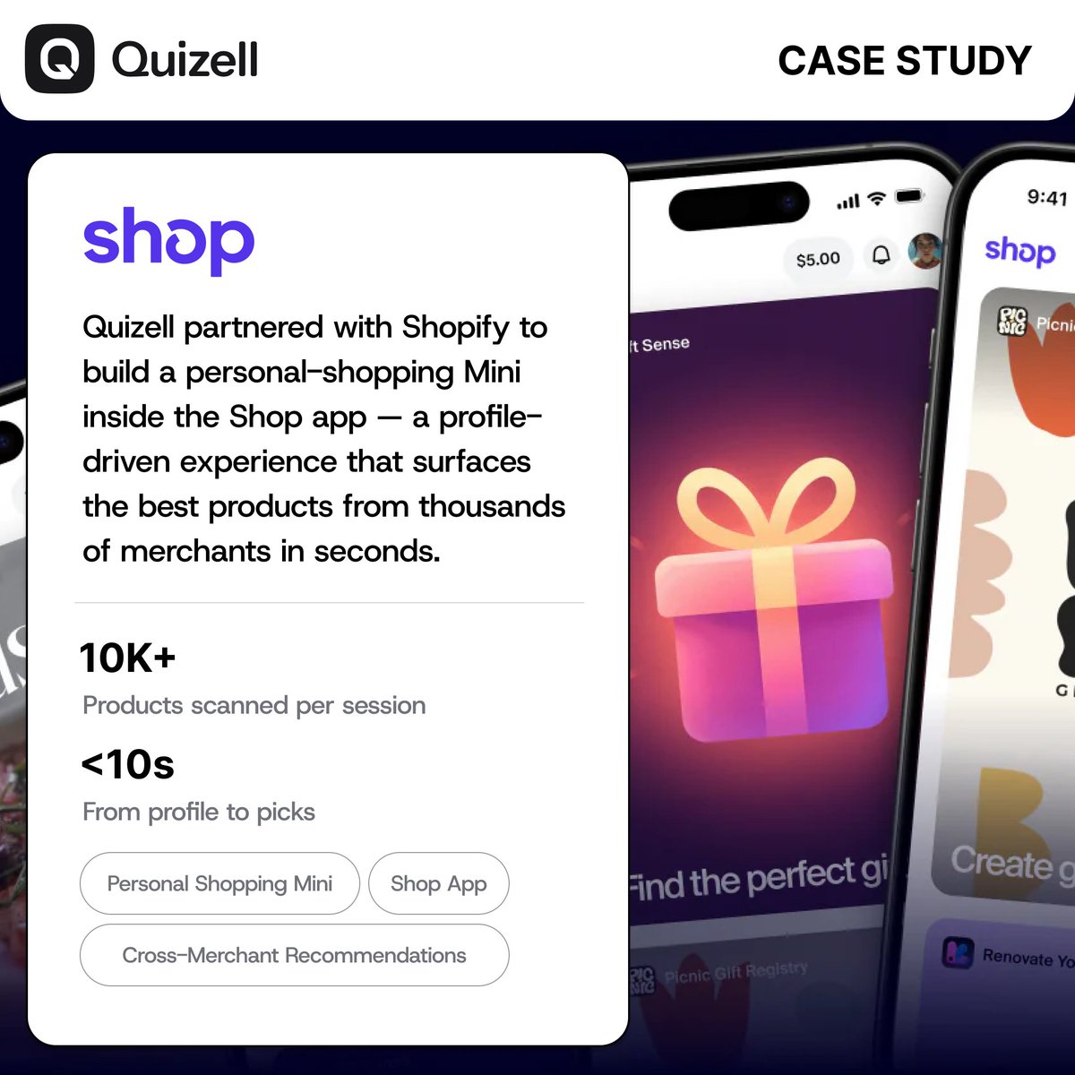 Quizellapp's tweet photo. We partnered with @Shopify to build a personal-shopping Mini right inside the Shop app 🛍️

It builds a shopper profile, then surfaces the best products from thousands of merchants, in seconds.

Proud of what the team built 💪
https://t.co/MOg4OeKCqh

#Shopify #Ecommerce #ShopApp https://t.co/Z6gtcoDSGQ