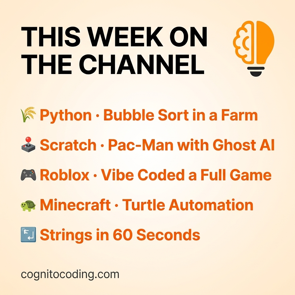 CognitoCoding's tweet photo. This week on Cognito Coding:

🌾 Bubble sort in a Python farming game
🕹️ Scratch Pac-Man with ghost chase AI
🎮 Roblox vibed into existence with AI
🐢 Minecraft Turtle automation
🔤 Strings in 60 seconds

5 videos. All free. All beginner-first.

https://t.co/vXSFTEdWhw — which one first?