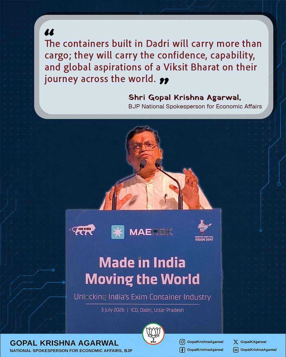 gopalkagarwal's tweet photo. The containers built in Dadri will carry more than cargo; they will carry the confidence, capability, and global aspirations of a Viksit Bharat on their journey across the world.
#UPWithGopalKrishna #ViksitUP #GrowthEngineUP #NayaUttarPradesh #UPForDevelopment #EconomyOfNewIndia #GopalKrishnaForGrowth
#UttamPradesh