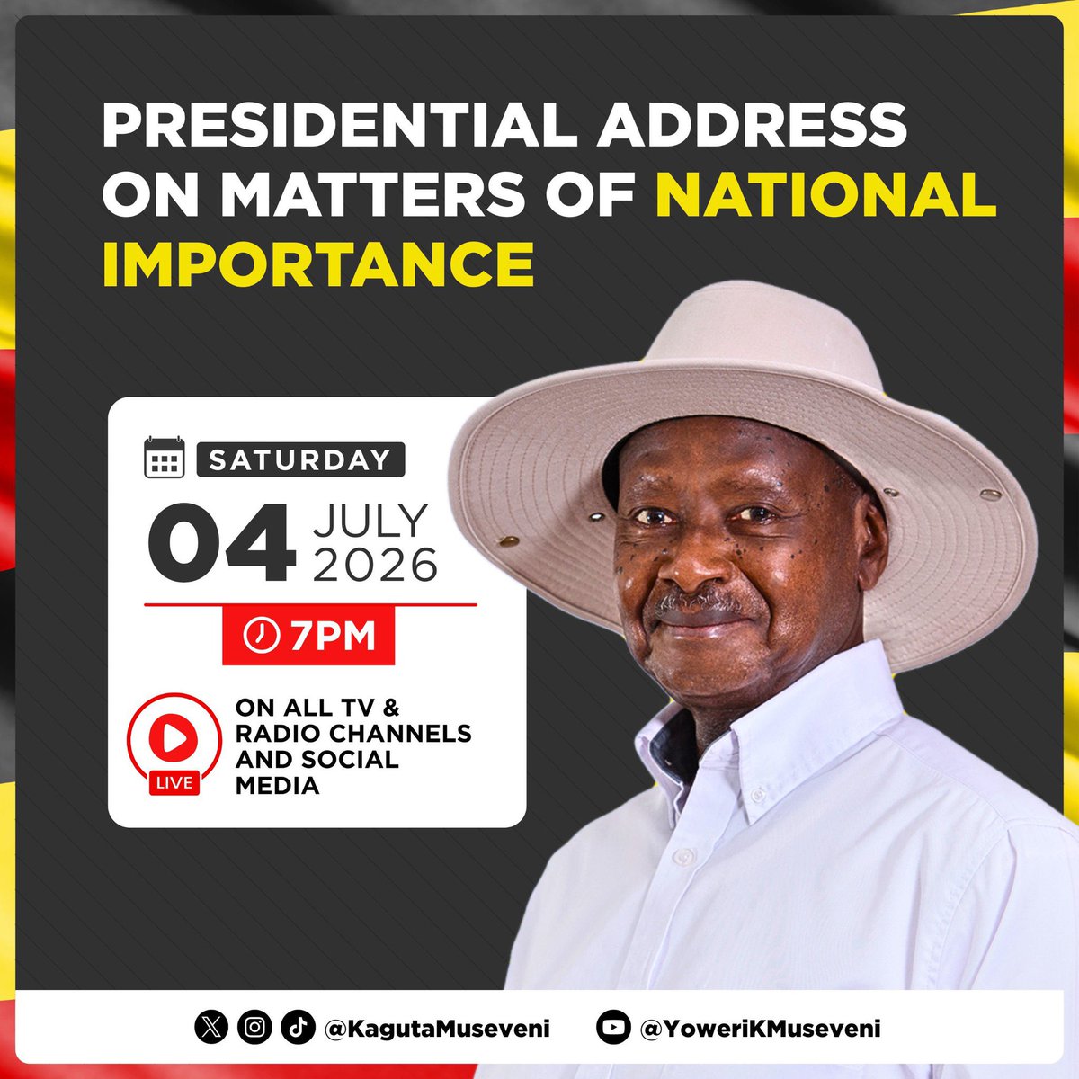 JimmyIsa256's tweet photo. His Excellence The President of Uganda @KagutaMuseveni calls on the Bazzukulu upon his tomorrow nation Address.
“Fellow Ugandans, especially the Bazzukulu. Greetings. Tomorrow at 7pm, I will address the country on matters of national importance. Please tune in.” https://t.co/8bUbbYGQc7