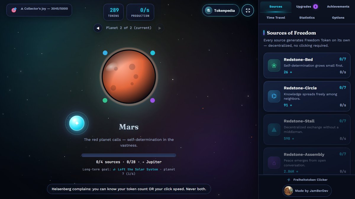 JamBerDev's tweet photo. Just launched: Freiheitstoken Clicker 🚀

An idle clicker across 28 planets — with time-travel prestige, UFO power-ups and a snarky professor teaching you real crypto knowledge.

https://t.co/n66lZhgKcB

#idlegame #clicker #seriousgame #gamedev #indiedev #itchio #elon4afd https://t.co/HuhDfgiVcq