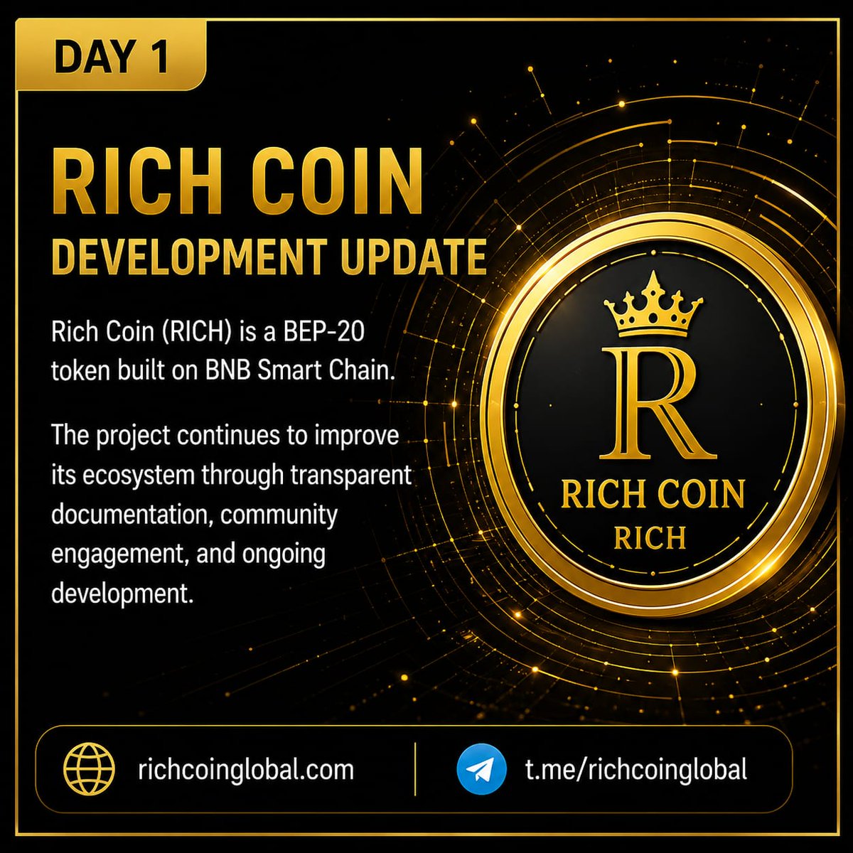 Richcoinglobal's tweet photo. Project Update
๐ Rich Coin Development Update
Rich Coin (RICH) is a BEP-20 token built on BNB Smart Chain. The project continues to improve its ecosystem through transparent documentation, community engagement, and ongoing development.
๐ https://t.co/hucp3UXdMDโ
#RichCoin https://t.co/UB1gl32x6q