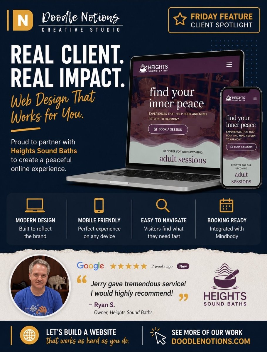 DoodleNotions's tweet photo. One of the projects we're proud to showcase is Heights Sound Baths.
This project included:
✔ Custom website design
✔ Mobile-friendly experience
✔ Online booking integration
✔ Clear messaging and navigation
✔ Ongoing website support
#WebDesign #SmallBusiness #Health #Wellness https://t.co/kw8Q32CTxo