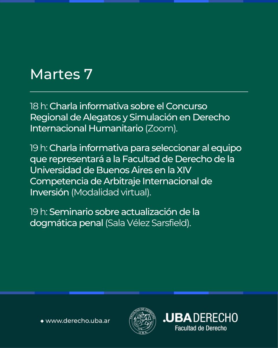 DerechoUBA's tweet photo. 📢 HOY en la Facultad 📅 7/7/26 ➡ https://t.co/Q7JJfZ6ln3

#Agenda #ActividadesAcadémicas #Charlas #Conferencias #Congresos #Conversatorios #Cursos #Seminarios #Talleres https://t.co/beXYtlnjzh