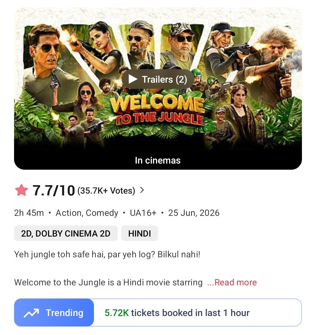 filmy_view's tweet photo. #WelcomeToTheJungle 
6-7pm
Tickets sold on BMS- 5720
Yesterday- 5120

Total from 7am- 39870
Yest- 46350 https://t.co/bAgoKrLTiI