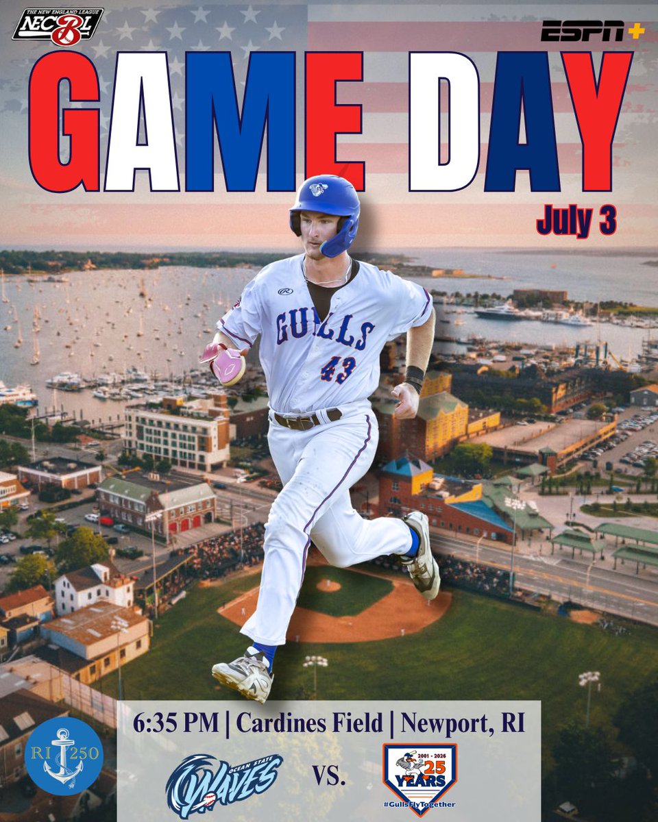 NewportGulls's tweet photo. Today is our RI 250 USA Semiquincentennial Celebration Night. Ceremony will start at 6:10pm. 

The Gulls will play the Ocean State Waves. Today we will be giving away 250 FREE Rhode Island and American Flags courtesy of RI 250 Committee.

Be sure to catch the action on ESPN+ !! https://t.co/ZfrhhrgO7U