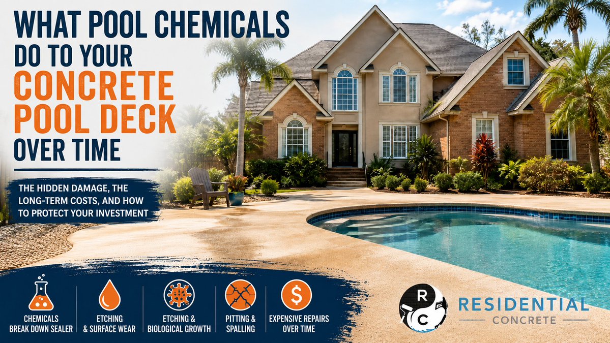 ResConFL's tweet photo. Pool chemicals don't just balance your water. They wear down your deck's sealer, then etch the concrete underneath. Watch for mineral deposits, rough texture, and pitting. Reseal every 3-5 years.

https://t.co/AYtNOEO9RV

#JacksonvilleFL #PoolDecks https://t.co/t3DfQYMG7c