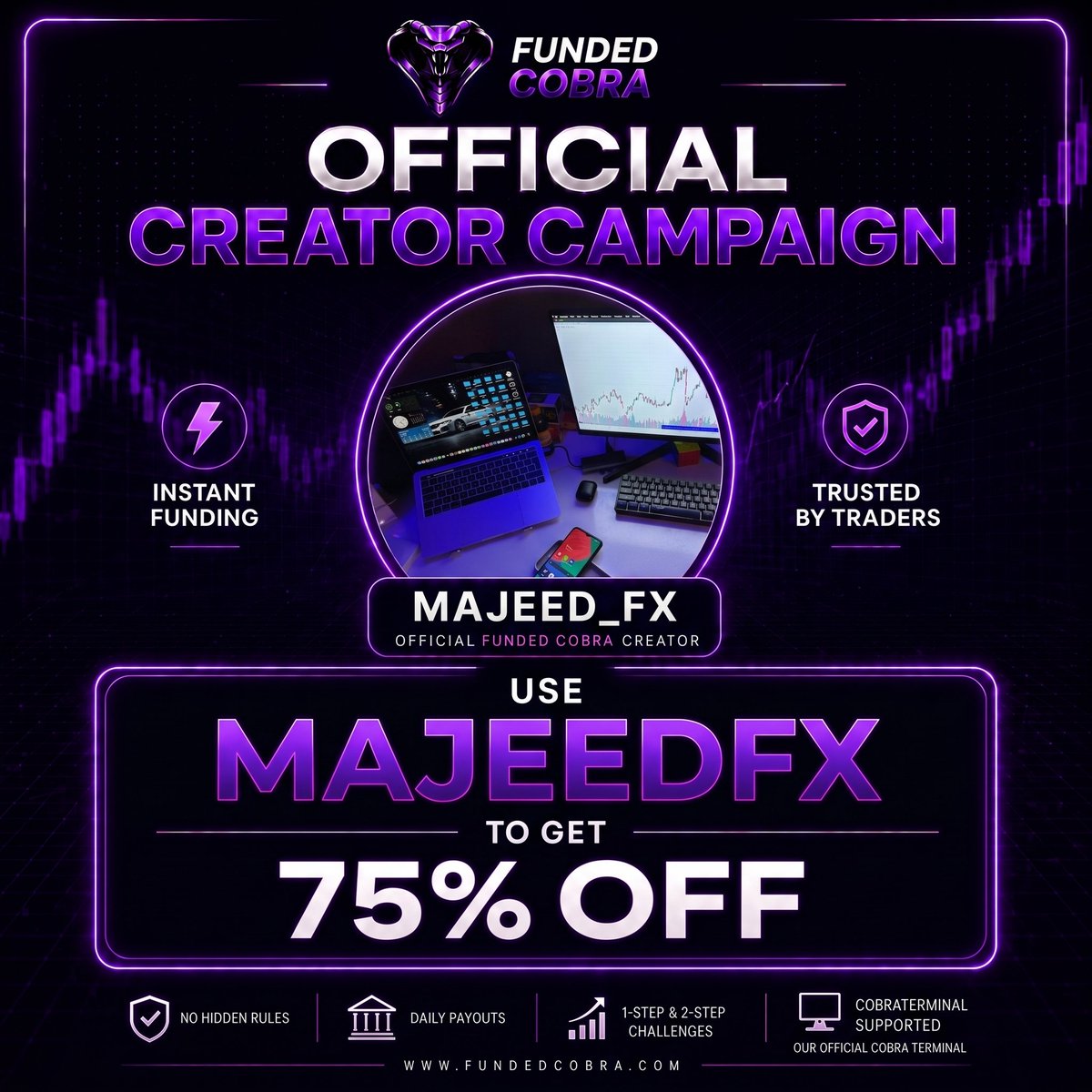Majeed_Fxx's tweet photo. Official partnership with @FundedCobra is now live.

A prop firm with instant funding, 1-step and 2-step challenges, daily payouts, and clear rules with no hidden conditions, Funded Cobra is worth checking

Use my code MAJEEDFX to get 75% OFF
 Link:https://t.co/tq7yGOLQNs… https://t.co/W8Yo1cOzfV