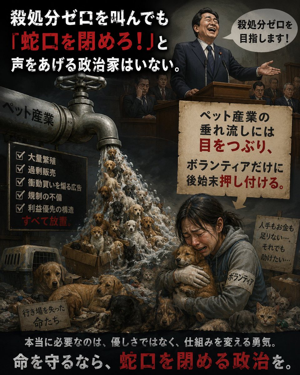 sonnyaonnyanko's tweet photo. 殺処分ゼロを叫んでも
蛇口を閉めろ！
と声あげる政治家はいない

ペット産業の販売頭数制限はせず
垂れ流し状態で売りまくり
センターは常に収容犬猫で溢れ
そのツケはいつもボランティア

行政の引き出しに追われる団体は
外猫の保護が出来ず
外は地域猫で溢れ虐待が横行する https://t.co/CGdVUIg1cD