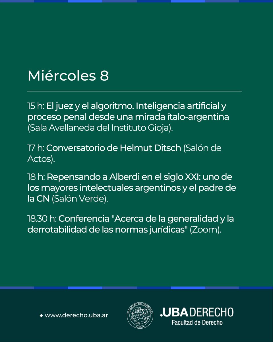 DerechoUBA's tweet photo. 📢 HOY en la Facultad 📅 8/7/26 ➡ https://t.co/Q7JJfZ6TcB

#Agenda #ActividadesAcadémicas #Charlas #Conferencias #Congresos #Conversatorios #Cursos #Seminarios #Talleres https://t.co/zEctZNJtl4