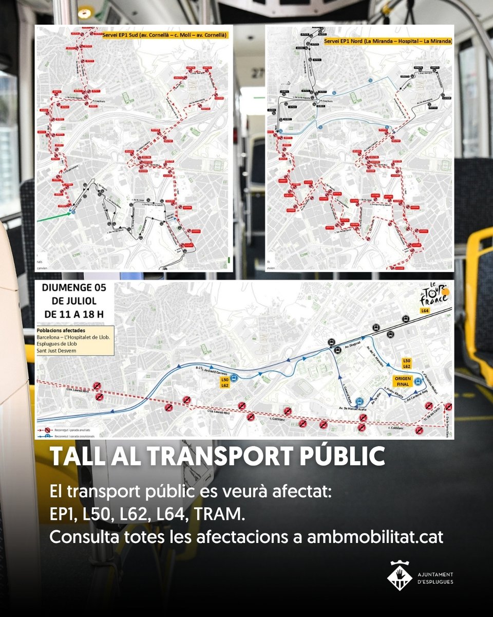 ajesplugues's tweet photo. 🚴♂️ El Tour de França arriba a #Esplugues... i volem que el gaudeixis al màxim!
El 5 de juliol, el pas de la cursa comportarà afectacions de mobilitat al voltant del carrer Laureà Miró.
⏱️ Consulta els horaris dels talls, planifica els teus desplaçaments i vine amb temps per viure aquesta jornada històrica.
#TourdeFrance