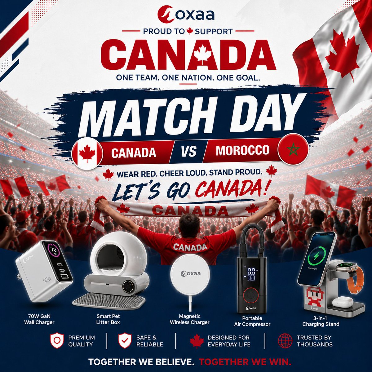 Oxaa117544's tweet photo. One Team. One Nation. One Goal. 🇨🇦

We are hyped to support Canada in today’s massive matchup against Morocco! Make sure your game-day setup is powered up with Oxaa. 🔋

🛒 Hit the link to shop our latest tech essentials before kickoff! #CanadaVsMorocco #OxaaCorp https://t.co/o7Aj4hTOaC