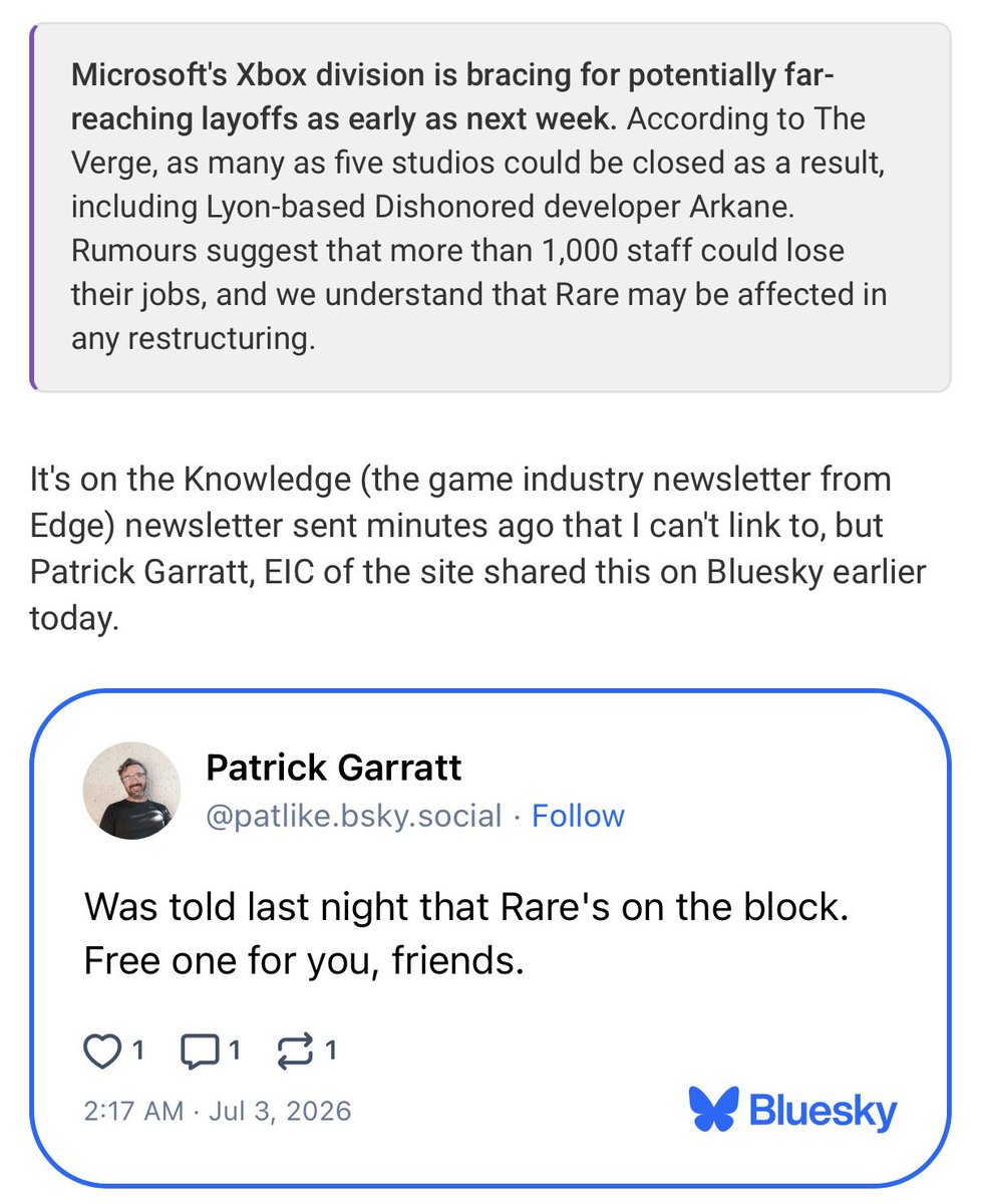 NextGenPlayer's tweet photo. Edge: Rare may be affected by the Microsoft restructuring

EIC Patrick Garrett:

“Was told last night that Rare's on the block.”

▶️ https://t.co/DmnBkCMG5C https://t.co/dKNQ4FGBOa