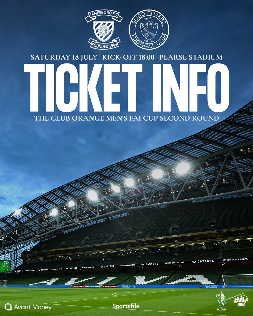 sligorovers's tweet photo. Tickets for our second round Club Orange Men’s FAI Cup fixture against Janesboro can be purchased ahead of kick-off tonight.

Tickets are available at reception: €10 for adults and €5 for children. https://t.co/EfnxwpdJ8g