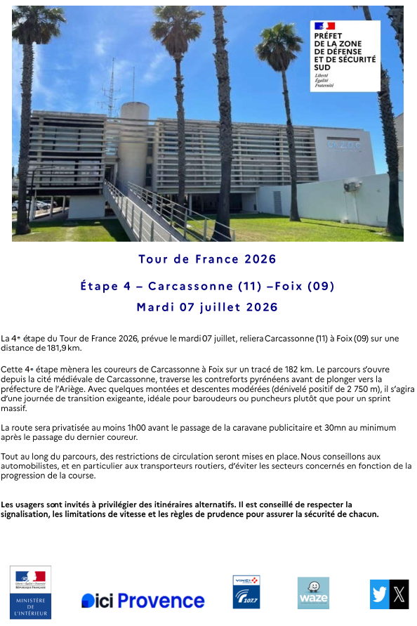 cezocsud's tweet photo. Communiqué CRZ Sud - étape 4 du TDF 2026 - Carcassonne (11) - Foix (09) du mardi 07 juillet 2026. https://t.co/22K5zpNgfV