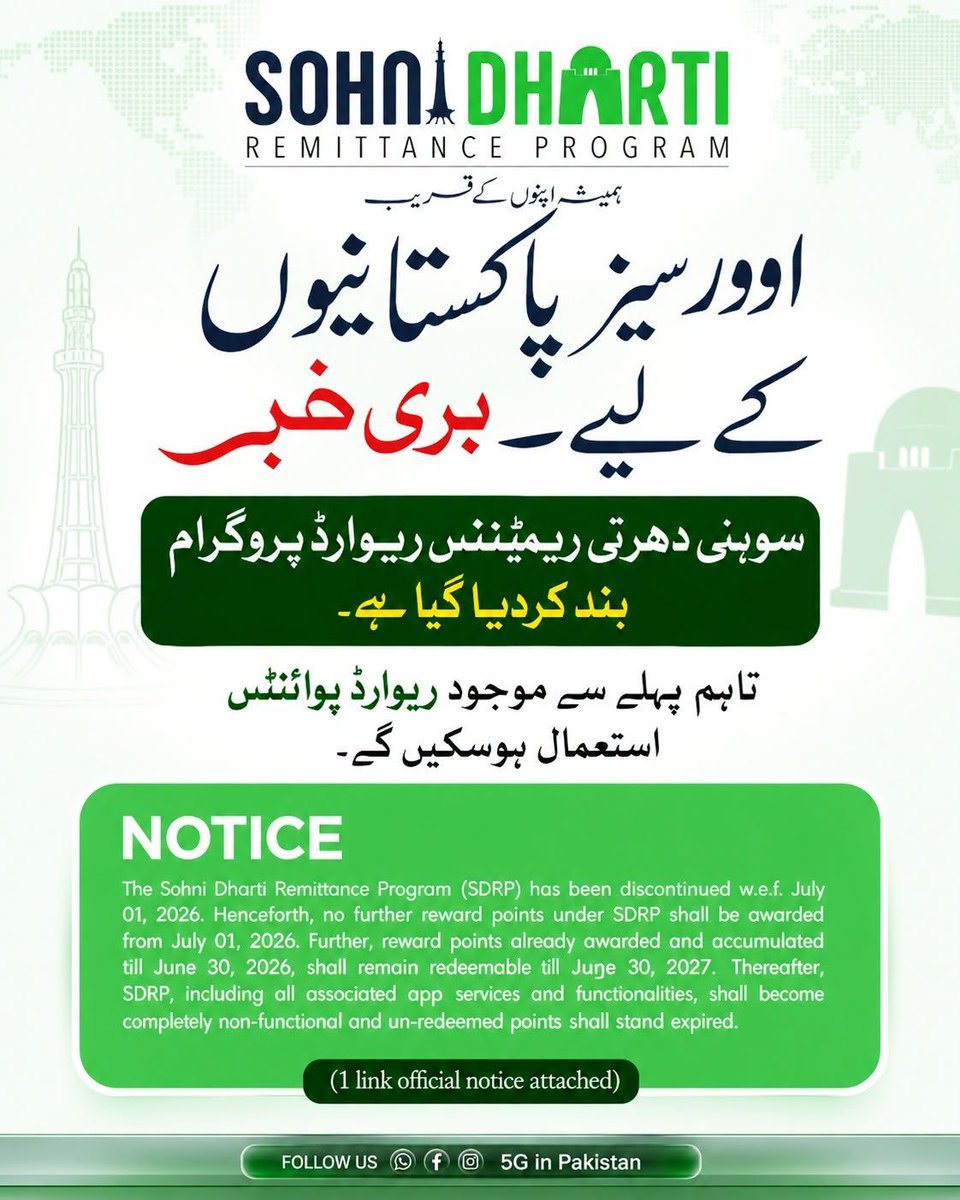 TechRaHat's tweet photo. سوہنی دھرتی ریمیٹنس ریوارڈ پروگرام (SDRP) اسٹیٹ بینک آف پاکستان کا ایک لائلٹی / ریوارڈ پروگرام تھا، جس کا مقصد بیرونِ ملک مقیم پاکستانیوں کو قانونی بینکنگ چینلز کے ذریعے پاکستان رقم بھیجنے پر ریوارڈ پوائنٹس دینا تھا۔
ان پوائنٹس کو بعد میں مختلف انعامات، ڈسکاؤنٹس اور سہولیات کے لیے استعمال کیا جا سکتا تھا۔
اب 1 جولائی 2026 سے یہ پروگرام باضابطہ طور پر بند کر دیا گیا ہے۔
تاہم اگر آپ کے اکاؤنٹ میں پہلے سے ریوارڈ پوائنٹس موجود ہیں تو پریشان نہ ہوں
وہ 30 جون 2027 تک استعمال (Redeem) کیے جا سکتے ہیں۔
اس کے بعد باقی تمام غیر استعمال شدہ پوائنٹس ایکسپائر ہو جائیں گے۔
اگر آپ SDRP استعمال کرتے تھے تو بہتر ہے کہ اپنے موجودہ پوائنٹس جلد از جلد استعمال کر لیں
