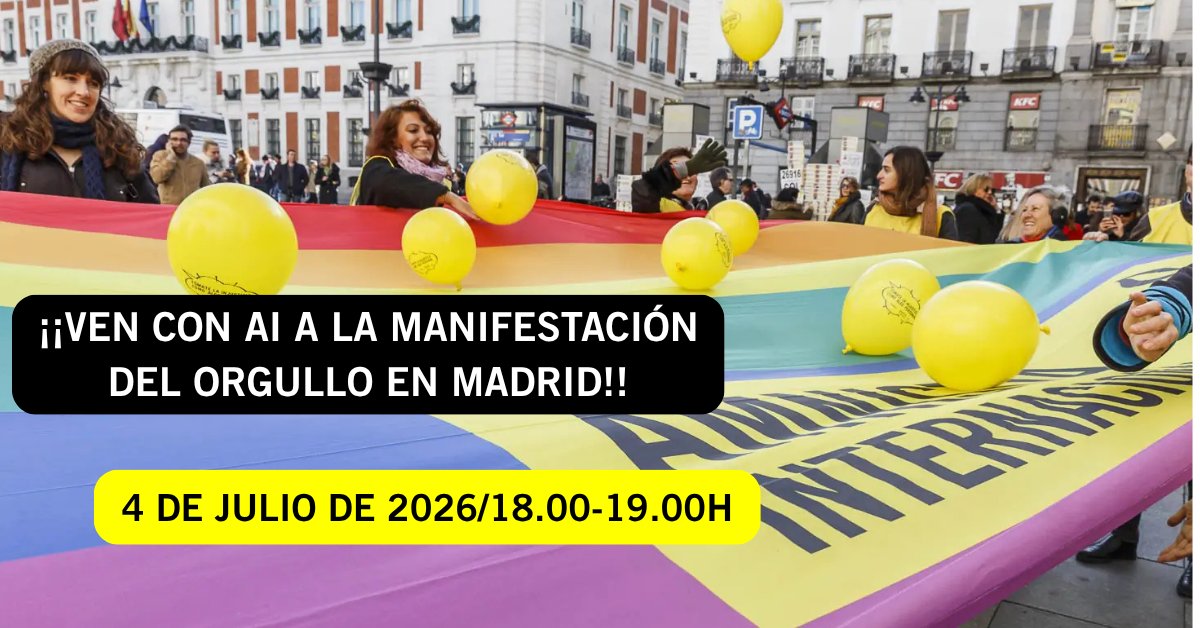 amnistiaespana's tweet photo. ¡Ni un paso atrás en los derechos LGBTIQ+!!!  🌈
Vente a la mani de Madrid con nosotras. Estaremos en la Cuesta de Moyano con el Paseo del Prado a las 18:00.
Somos facilísimas de distinguir: vamos de amarillo 💛 https://t.co/CLGj23kUmu