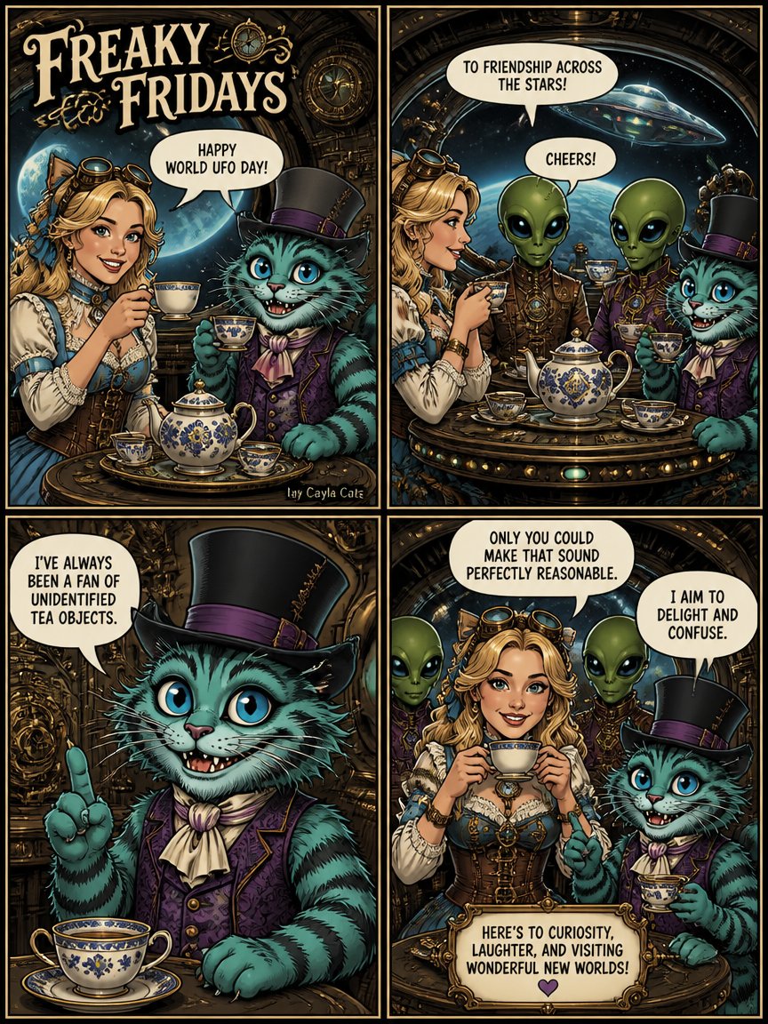 CaylaCatz's tweet photo. Tea Time with Alice and the Cheshire Cat
Special Guest Stars: Aliens
Actually July 2nd was World UFO Day. It's the anniversary of the 1947 Roswell incident. So share a cuppa with your favorite alien
#aliceinwonderland #teawithalice #worldufoday https://t.co/6ZvMotisgK