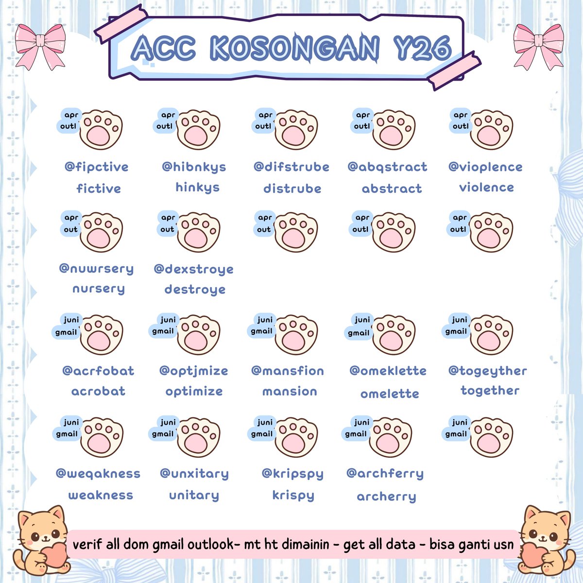 warunkriay's tweet photo. @ckntact @pointibe ᐢ..ᐢ *WTS ACC Y26 verif all* ᐢ..ᐢ

gmail: 13k
outlook: 11k 

✼. verif all (nomor+email)
✼. dom gmaıl outlook 
✼. tidak limit 12 jam
✼. udah bisa ganti usn
✼. blm masuk mt ht https://t.co/sGLaMmX4sk