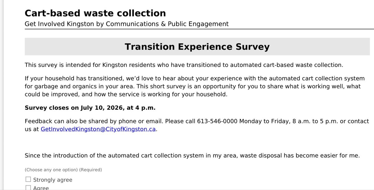 ygk1CartOrLess's tweet photo. We’re not sure when @cityofkingston traded a 65% waste diversion goal for citizen convenience and satisfaction at any expense? “Strongly agree?”

We’ll be satisfied when we get back on track and hit (at least) 65%! 

Smaller carts, less pickups, full user pay model. #wastenotygk https://t.co/QWZMqEtC0c