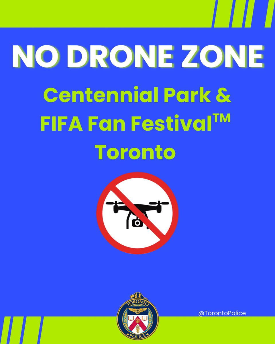 TorontoPolice's tweet photo. Drones are not permitted above or around Centennial Park and FIFA Fan FestivalTM Toronto — no exceptions. Detection tech is in place and penalties apply. Let’s keep the skies clear.

A total of 25 people have been charged since June 10. 

#FIFAWorldCup #WeAreToronto https://t.co/fWmtKJ87Ea