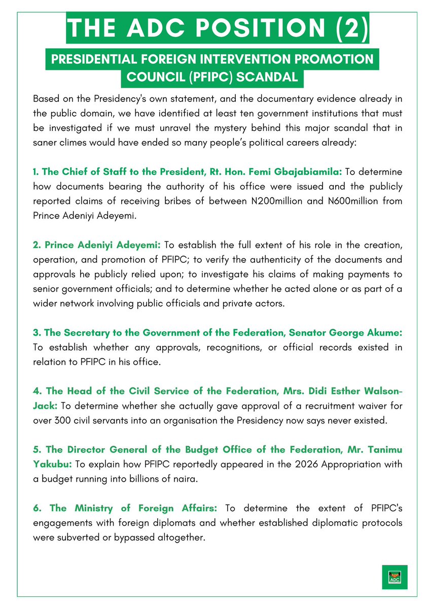 BolajiADC's tweet photo. The ADC Position on the PFIPC Scandal

“Based on the Presidency's own statement, and the documentary evidence already in the public domain, we have identified at least ten government individuals and institutions that must be investigated if we must unravel the mystery behind this major scandal that in saner climes would have ended so many people’s political careers…”