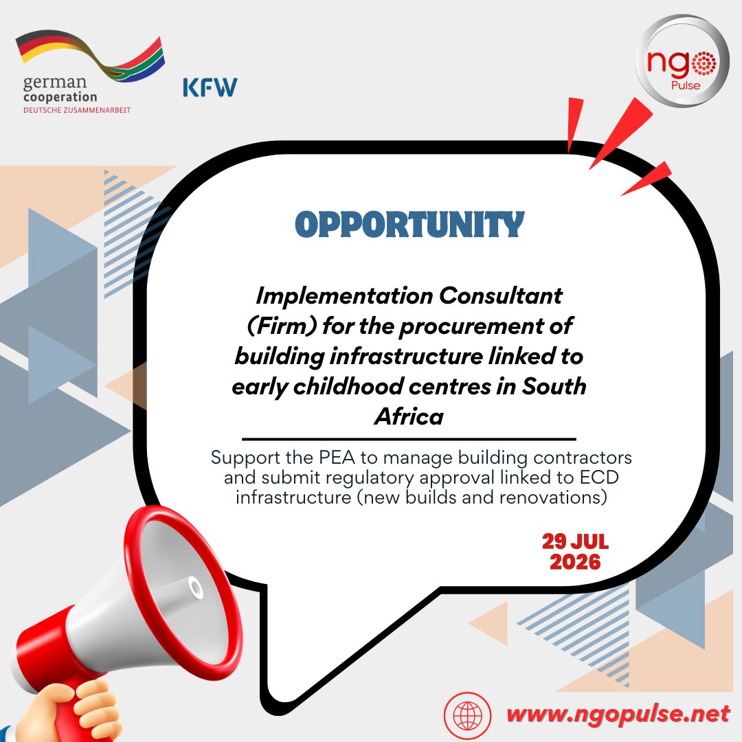 sangonet's tweet photo. OPPORTUNITY ALERT🚨

Implementation Consultant (Firm) for the procurement of building infrastructure linked to early childhood centres in South Africa

COMPANY: DG Murray Trust 

LOCATION: South Africa

APPLICATION LINK: https://t.co/6ImGv1QhMd

APPLY BEFORE: 29 Jul 2026 https://t.co/P6yjnVIiWZ