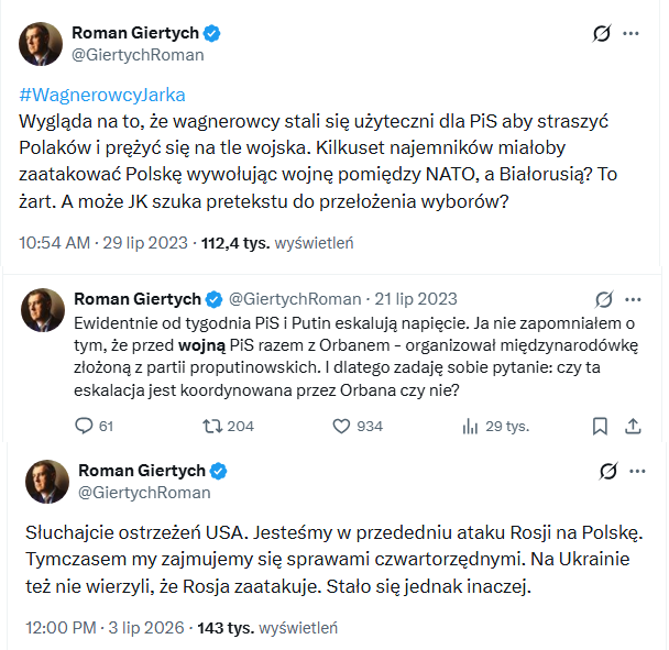 SzJadczak's tweet photo. Giertych robi dziś dokładnie to samo, co w 2023 r. zarzucał PiS. Czyli straszy nas wojną, bo dostali w partii info, że skandal ze Szpitalem Południowym mocno zachwiał sondażami KO. https://t.co/37E7rWYf3d