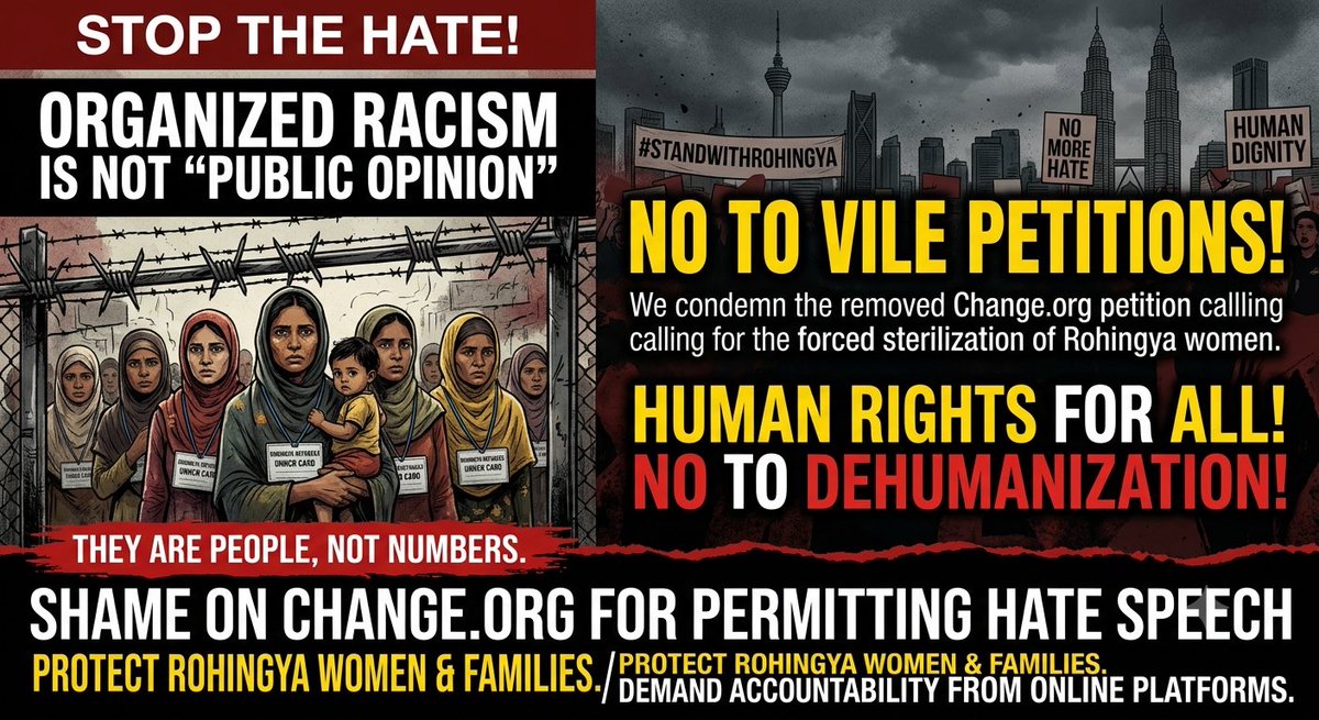 rsmimi15's tweet photo. @shafiur “Dehumanization is the first step toward atrocity.”
A petition calling for the forced sterilization of Rohingya women was not free speech ! it was hate. Removing it isn’t enough. Platforms must stop amplifying organized bigotry. #Rohingya #HumanRights https://t.co/dOQhtHLoyB