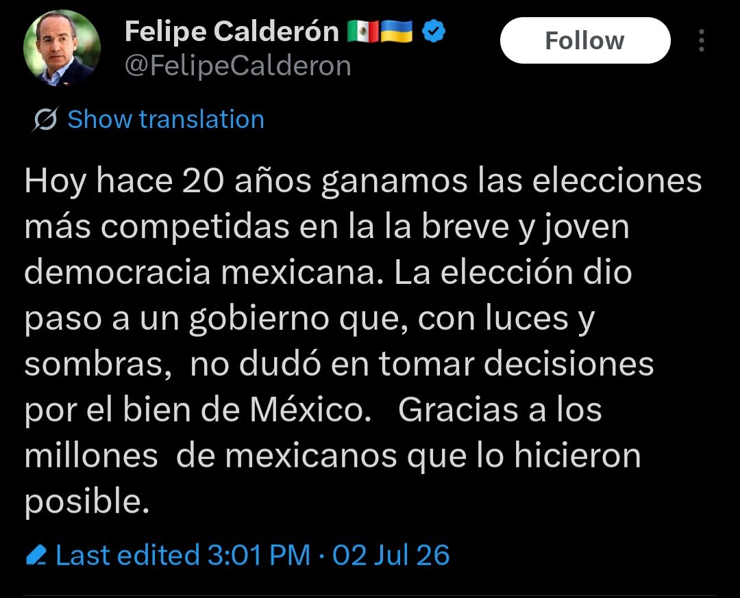 mlucascir's tweet photo. Si @FelipeCalderon hubiera ganado realmente las elecciones de 2026 o, por lo menos, tuviera esa convicción, no tendría la necesidad de publicitarlo con tuits patético.s

Ni Fox, ni Zedilllo y ni siquiera  Peña o Salinas  salen a hacer este ridículo. Y eso ya es decir mucho. https://t.co/cQTamfHlMw