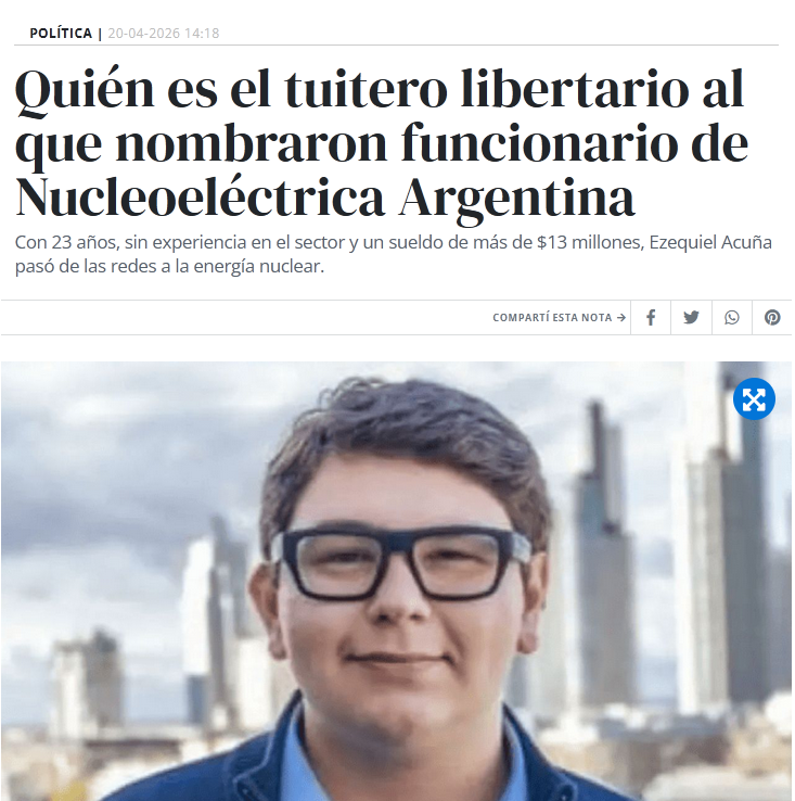 VLeviLab's tweet photo. En todas las instituciones de Ciencia y Tecnología reemplazan personal capacitado  por gente sin formación que cobra grandes sueldos
Acuña no tiene título y es subgerente de la empresa a cargo de Embalse y Atucha I y I. Su mérito: cofundador de La Derecha Diario.
Seguro sale bien https://t.co/cs0AimbahR