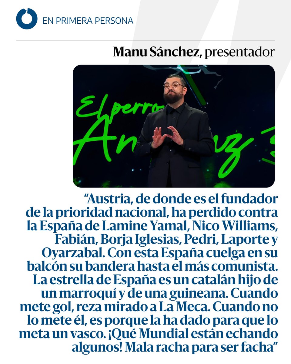 eldiarioes's tweet photo. Manu Sánchez: “La estrella de nuestra selección es un catalán hijo de marroquí y guineana. Cuando no mete él gol, es porque la ha dado a un vasco. ¡Qué Mundial están echando algunos! Mala racha para ser facha” 

https://t.co/ljWUnX7Oag En @Vertele https://t.co/XAdOjCPZ3w