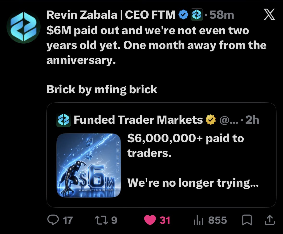 trustedprophub's tweet photo. $6M+ paid to traders in less than two years. 🚀

In an industry where traders often wait days for payouts, @FTMarketslive is quietly setting a different standard.

80–85% of payout requests are reportedly processed within minutes, not days.

Massive respect to @RZFTMARKETS for building a firm that puts traders first and backs it up with consistent execution.

Now one question…

Can you please drop the technology behind those lightning-fast payouts so the rest of the industry can copy the standard? 😂

Credit where it’s due. Respect. 🤝