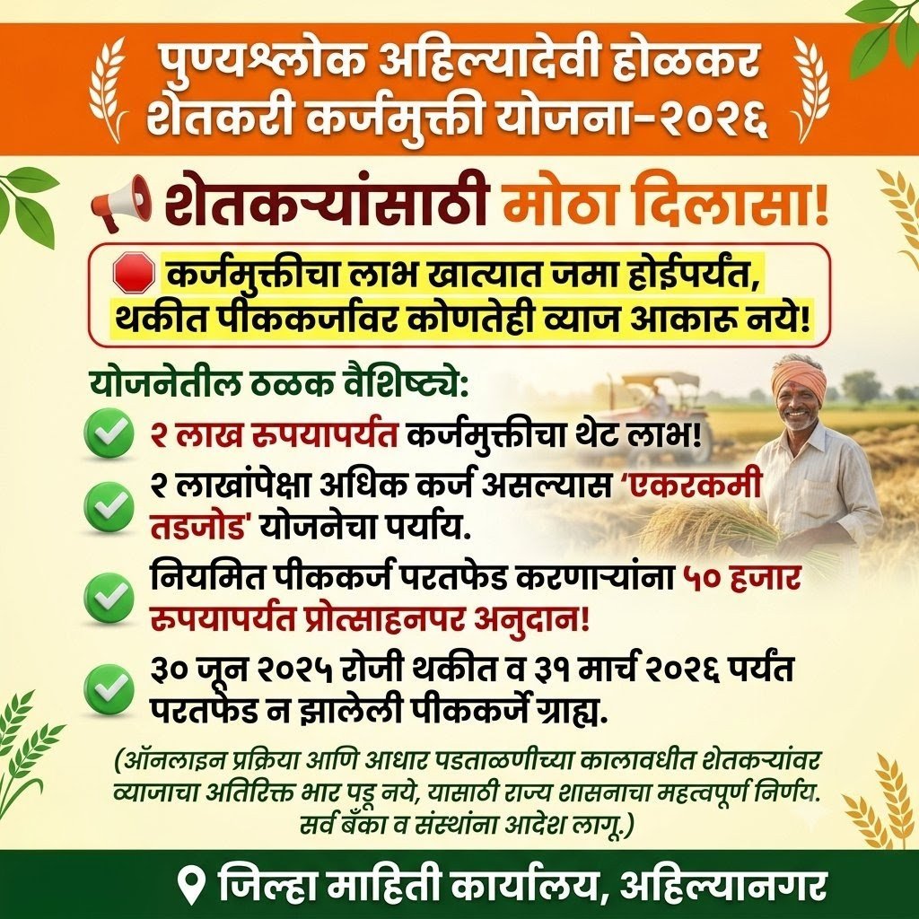 InfoShirdi's tweet photo. 'पुण्यश्लोक अहिल्यादेवी होळकर शेतकरी कर्जमुक्ती योजना – २०२६' अंतर्गत पात्र शेतकऱ्यांना कर्जमुक्तीचा लाभ देण्याबाबत राज्य शासनाने महत्त्वपूर्ण निर्णय घेतला आहे.

#शेतकरीहित #कर्जमुक्ती२०२६ #पुण्यश्लोकअहिल्यादेवीहोळकर #पीककर्ज #महाराष्ट्रशासन #शेतकरीकल्याण https://t.co/4s59h8gjZx