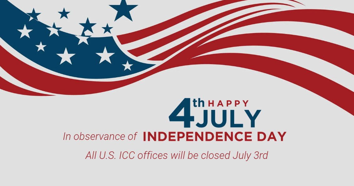 IntlCodeCouncil's tweet photo. In observance of Independence Day, all U.S. ICC offices will be closed Friday, July 4th. Have a safe and happy holiday! #CodeCouncil #4thofJuly https://t.co/GmXP7sAPor