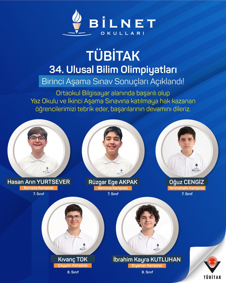 BilnetOkullari's tweet photo. TÜBİTAK 34. Bilim Olimpiyatları Birinci Aşama Sınavı sonuçlarına göre, Ortaokul Bilgisayar alanında başarılı olup Yaz Okulu ve İkinci Aşama (Madalya) Sınavına katılmaya hak kazanan öğrencilerimizi tebrik eder, başarılarının devamını dileriz.

#BilnetOkulları #Tübitak #BilimOlimpiyatları